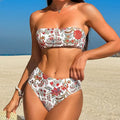 Women's printed bandeau triangle top and matching swim shorts set on a beach background