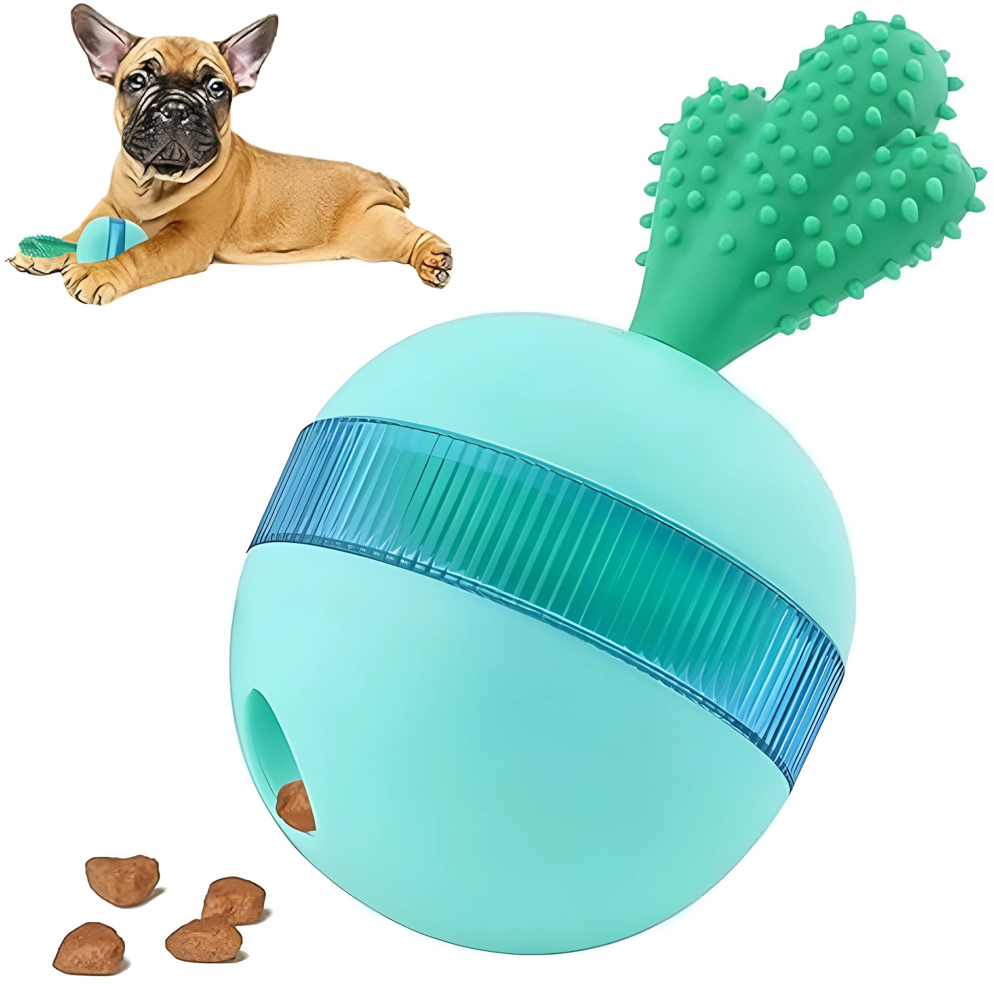 Blue durable rubber interactive treat dispensing ball dog toy