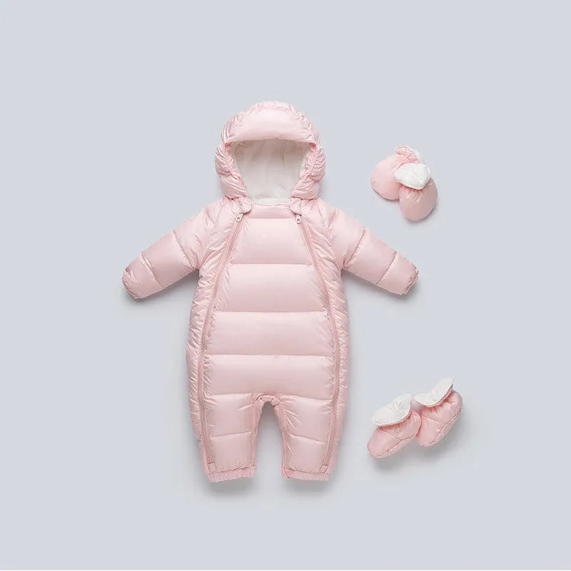 Baby down jacket thickened jumpsuit in solid colour with attached hood, suitable for 66-100cm height
