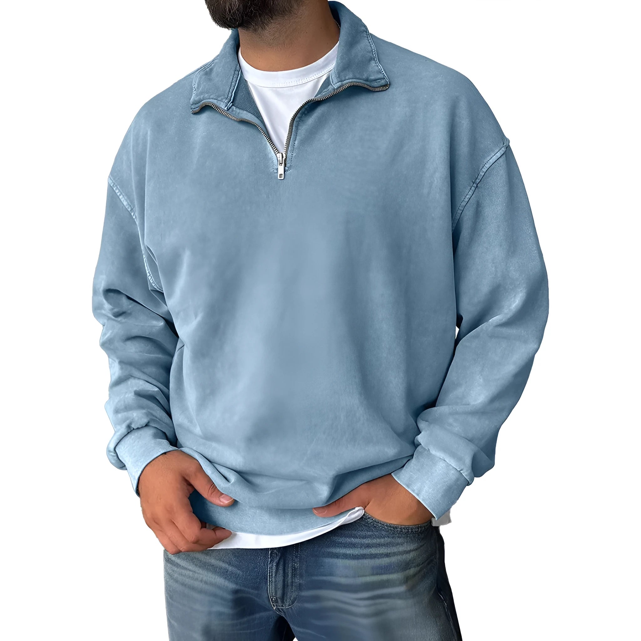 Men's loose drop shoulder cotton sweatshirt in solid colour, stone wash finish, long sleeves
