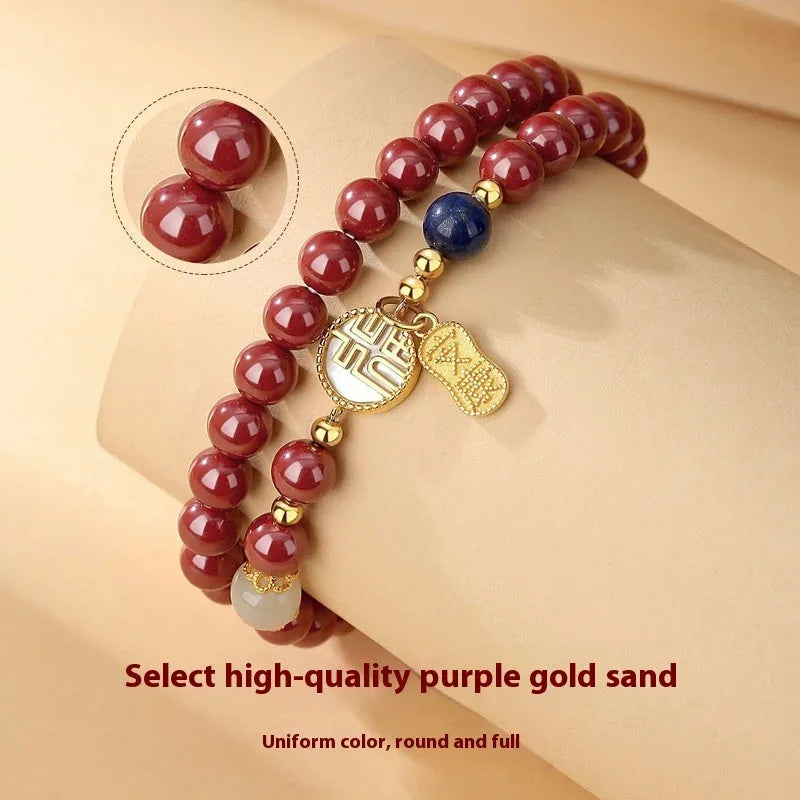 S925 sterling silver bracelet with white shell blessing card design and purple gold sandstone elements