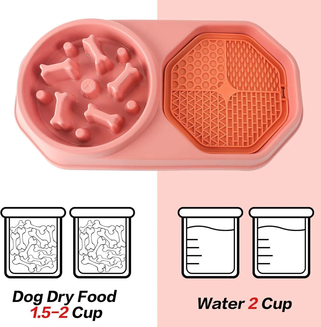 Blue interactive slow feeder dog bowl with maze pattern for dry and wet food, non-slip base.