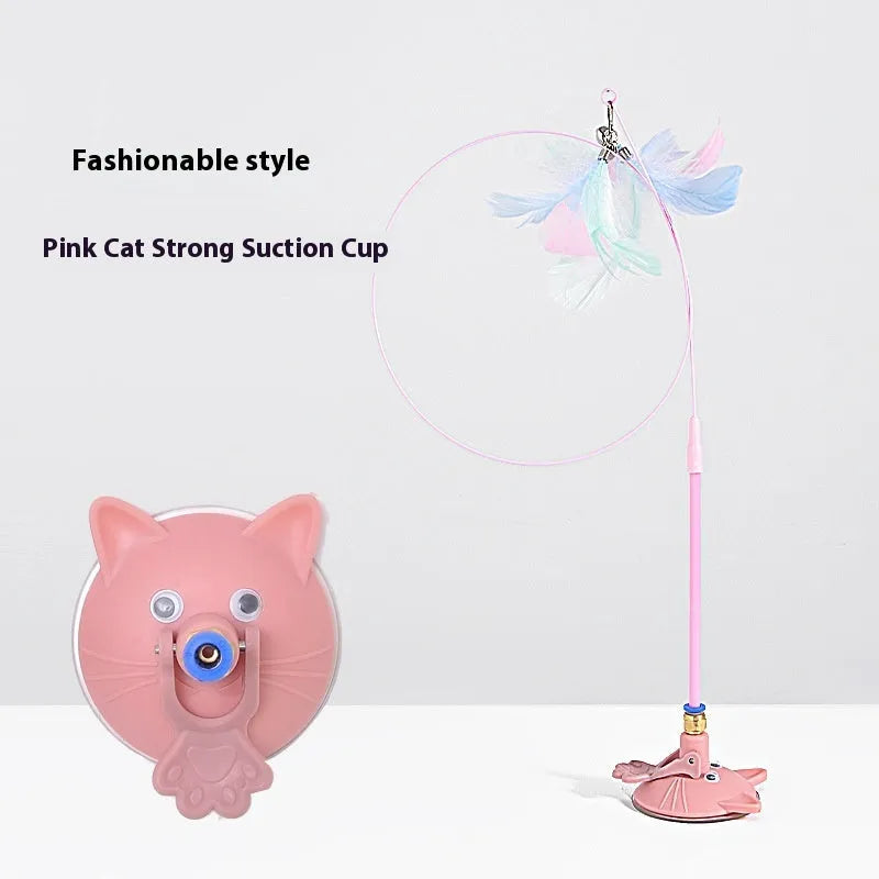 Interactive cat teaser toy with suction cup base, long handle, and dangling brush with bell attachment