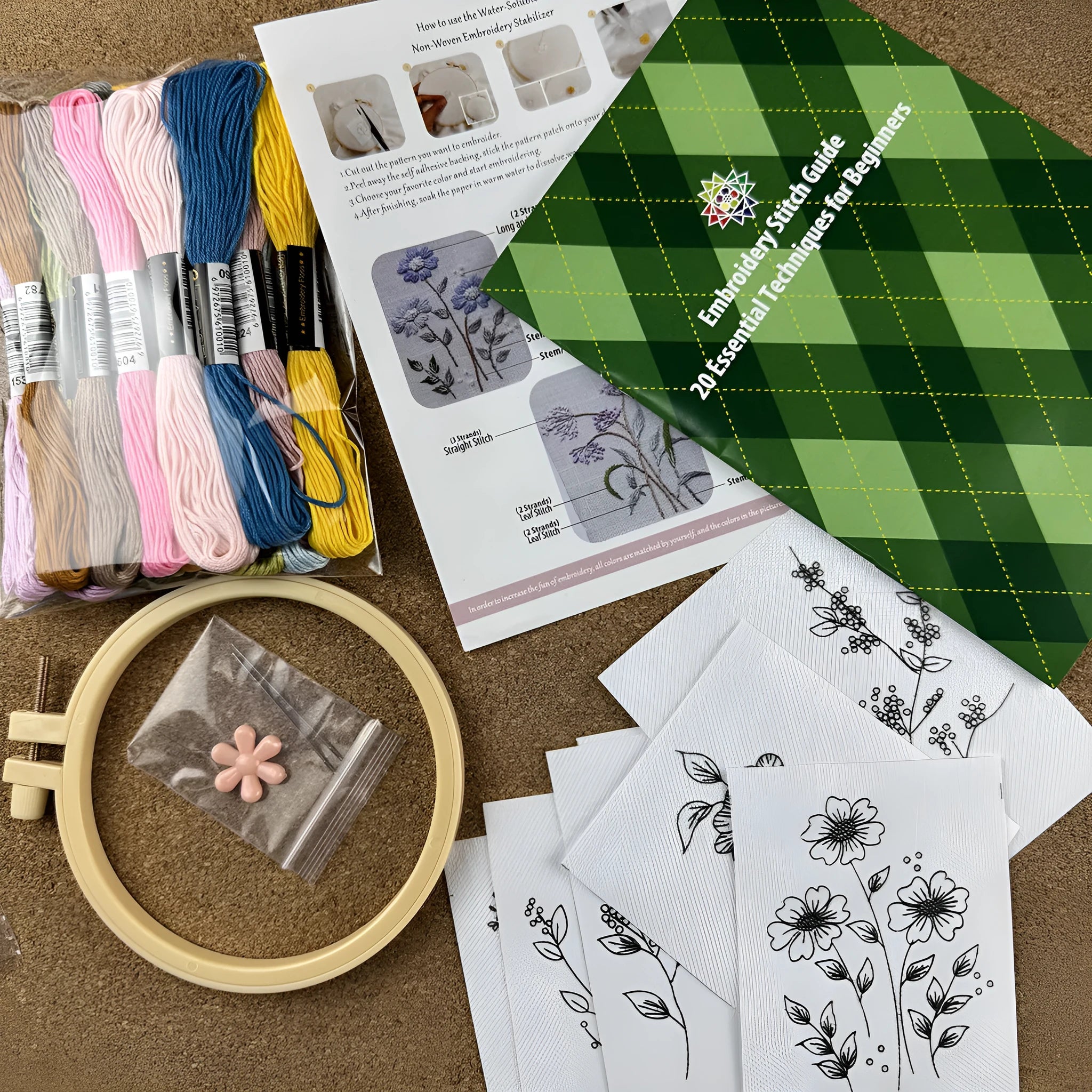 Handmade embroidery material package with water-soluble non-woven fabric, Nordic style pattern, compact packing size 18.5x23x2 cm