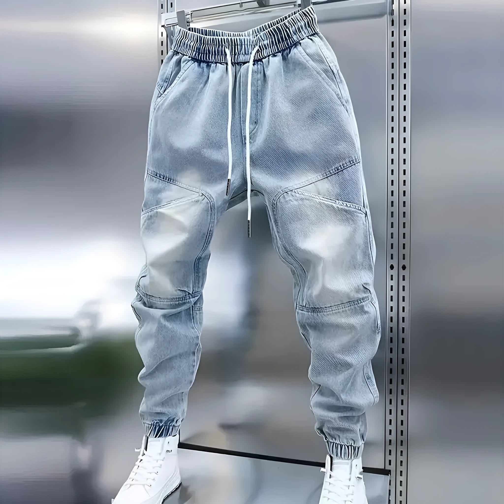Men's light blue denim pencil pants with elastic ankle bands and drawstring mid waist