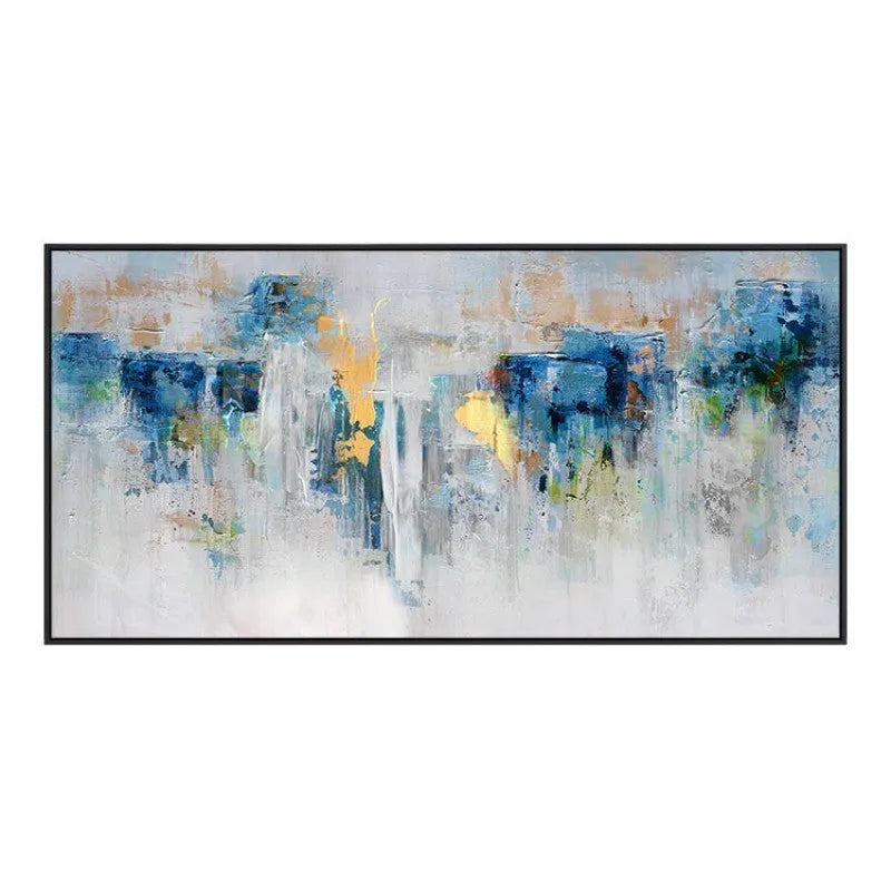 Handmade blue and gold abstract landscape oil painting on rolled unstretched canvas, one horizontal panel, unframed