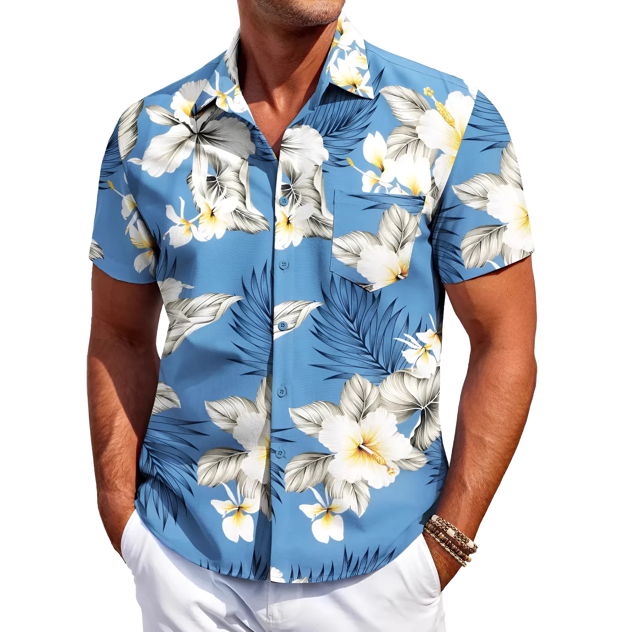 Man wearing a slim fit, short sleeve cardigan-style shirt in elastic polyester fabric.