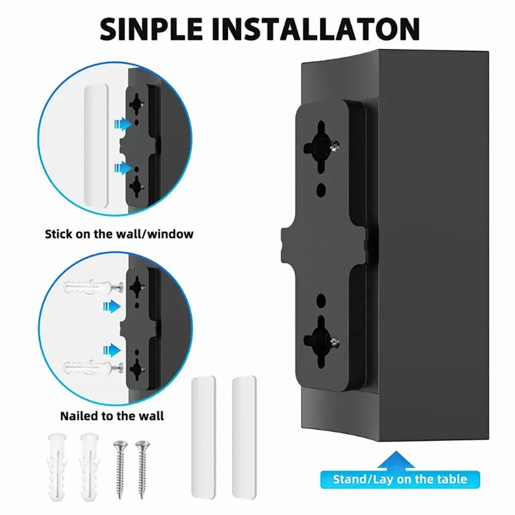 Black plastic indoor digital television antenna with included mounting screws, tubes, cable ties, and adhesive tape.