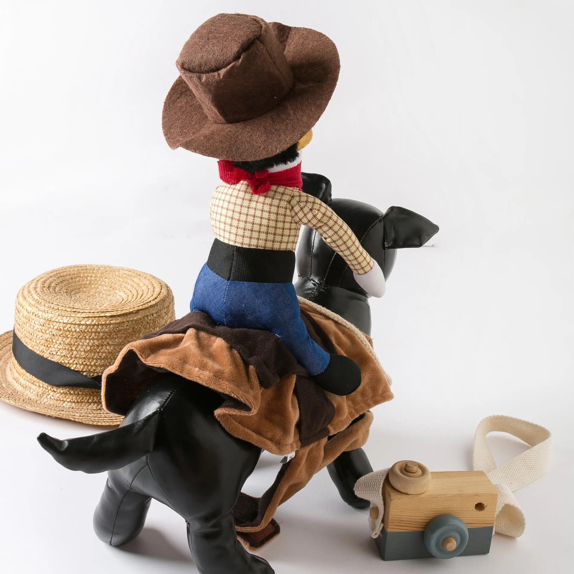 Western denim blue dog costume on a corgi, showing casual style and fit.