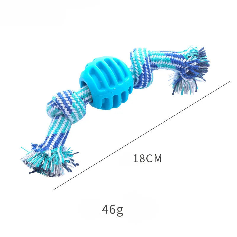 Set of colourful blue, green, orange, pink, and red dog chew toys with rope textures for dental health.