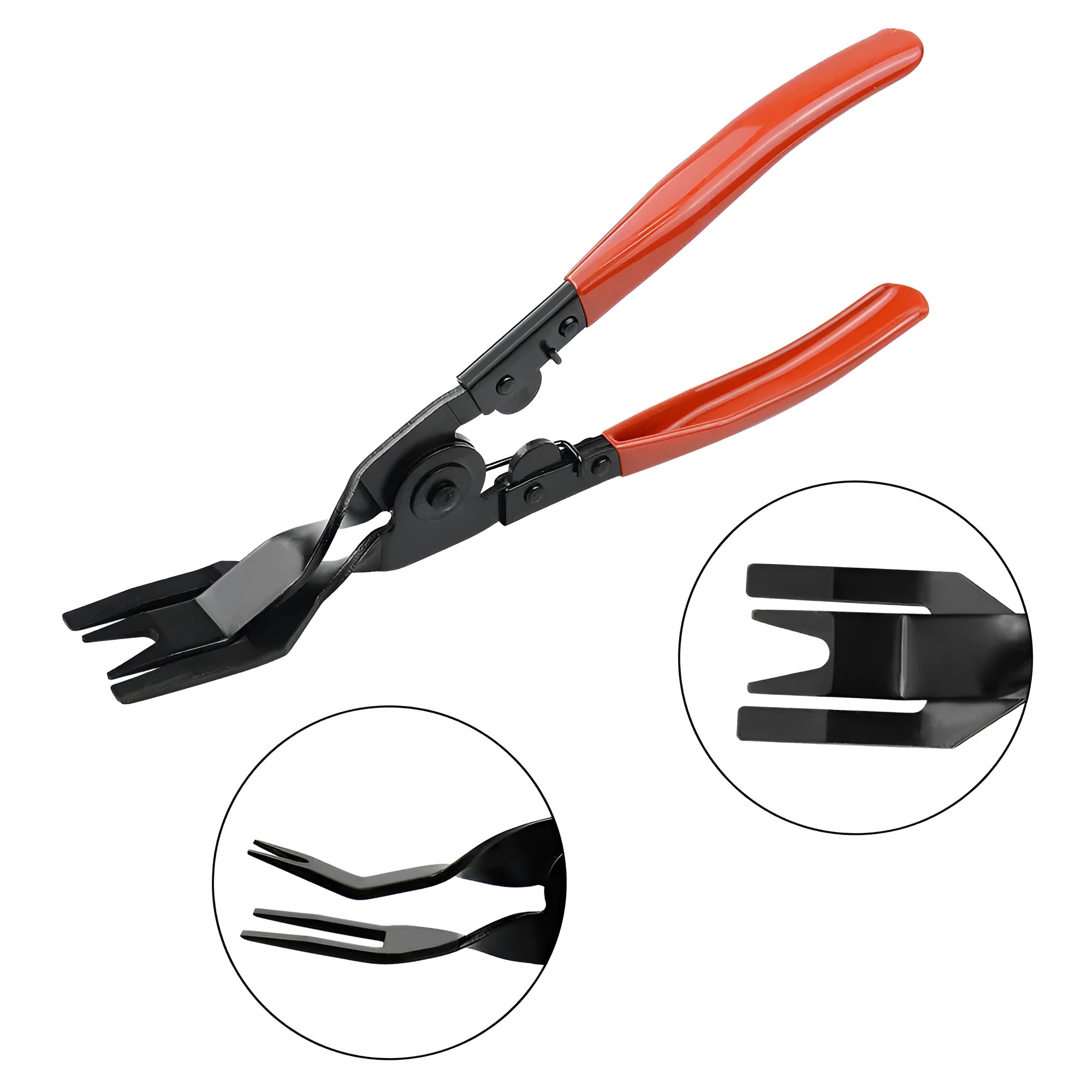 Red-handled steel automotive clip removal pliers for General Motors door panels