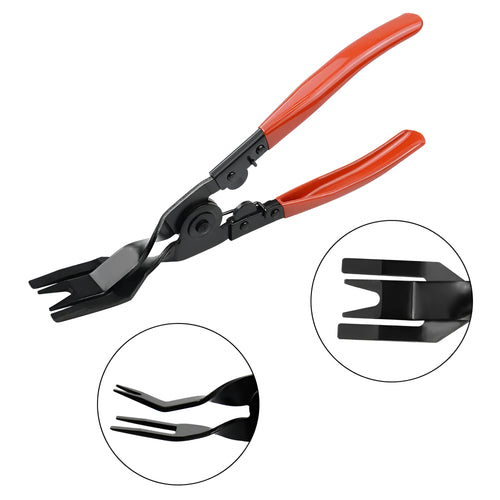 Red-handled automotive door panel clip removal tool for GM cars with light switch pliers.