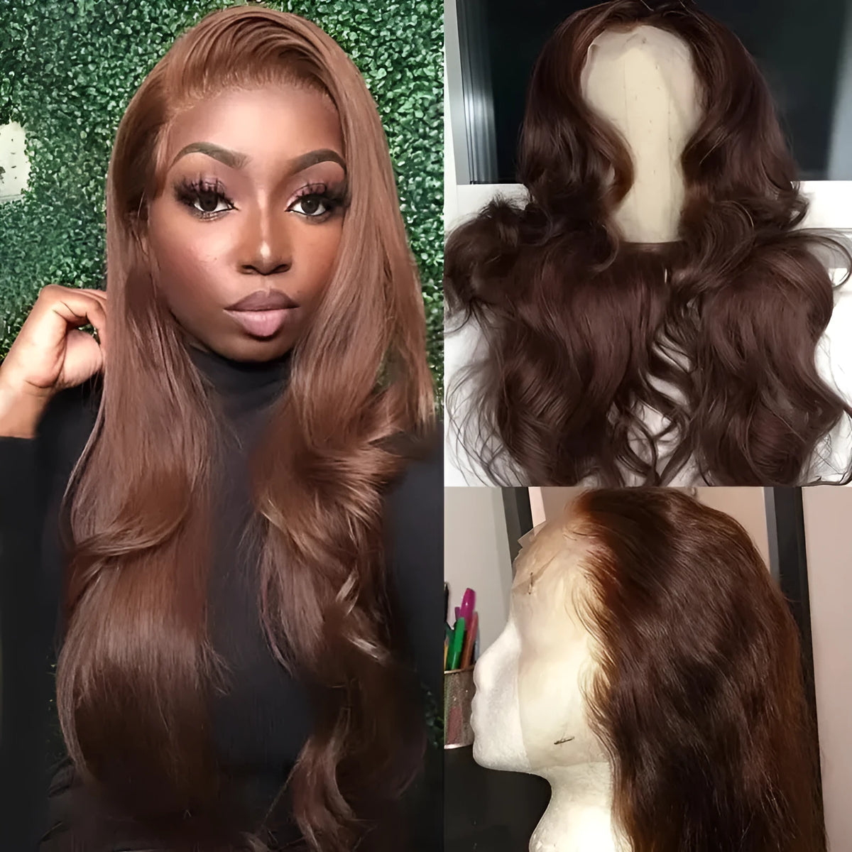 Long curly big wave wig with side bangs, available in 12 colours and lengths from 12 to 32 inches.
