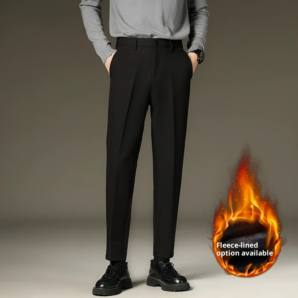 Men's black straight-leg fleece-lined trousers with mid waist and zipper fly, sizes 27-42