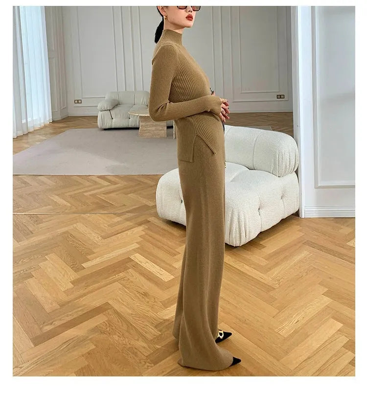 Women's apricot knitted three-piece set showing V-neck top, wide-leg trousers, and longline cardigan with leather stitching detail.