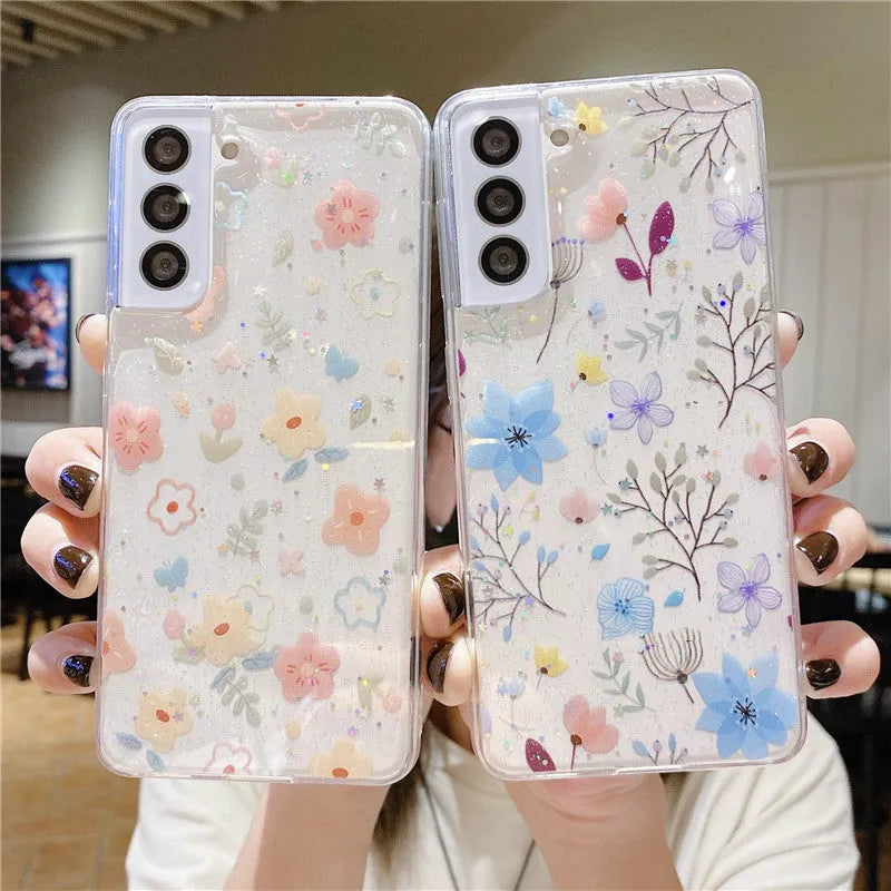 Fashion minimalist floral TPU phone case with drip rubber detailing in multiple colours for Samsung models