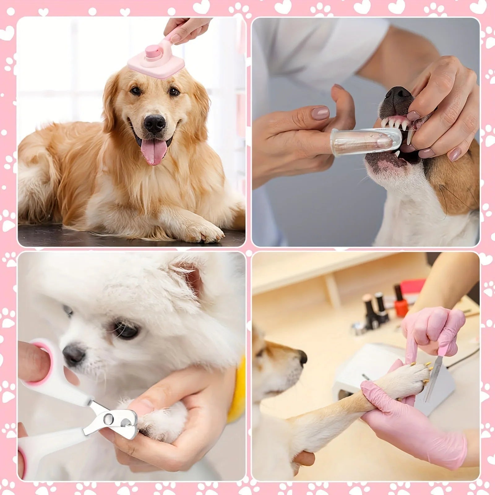 8-piece stainless steel dog grooming tools set with self-cleaning bristles in pink or blue colour