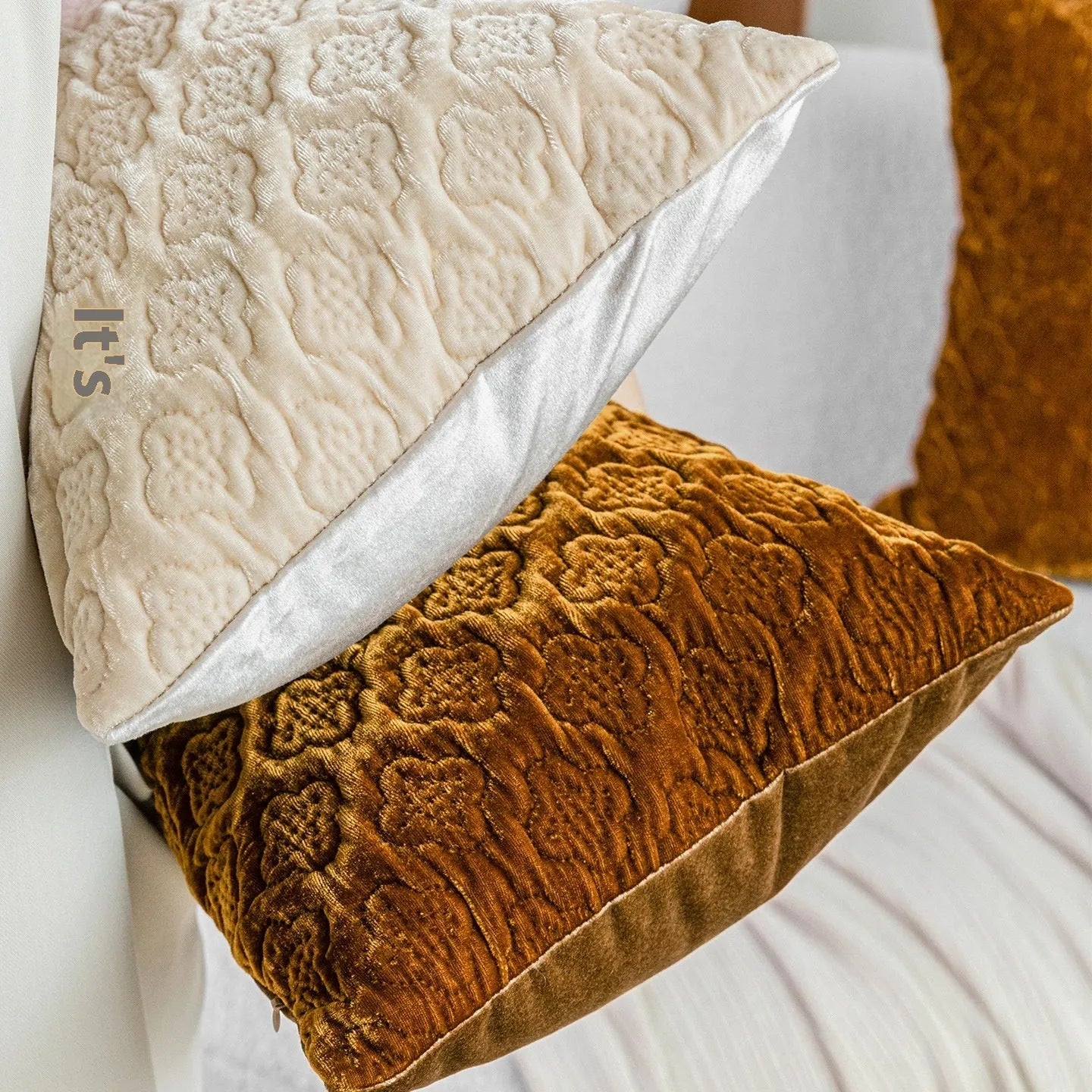 Chinese antique style quilted cushion pillow in brown gold, autumn green, or beige colours