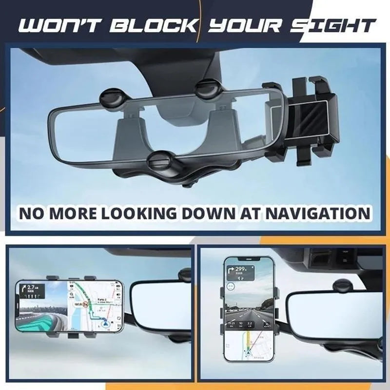 Black rearview mirror car phone holder with telescopic arm and four-claw bracket on a car mirror.