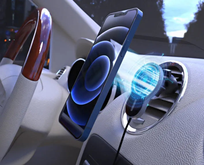 Black magnetic wireless car charger bracket with USB cable, compatible with Apple iPhone and Android phones