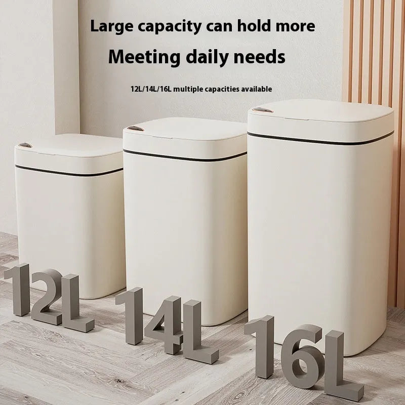 Square automatic induction kitchen bin with sensor lid and internal waste sorting compartments.