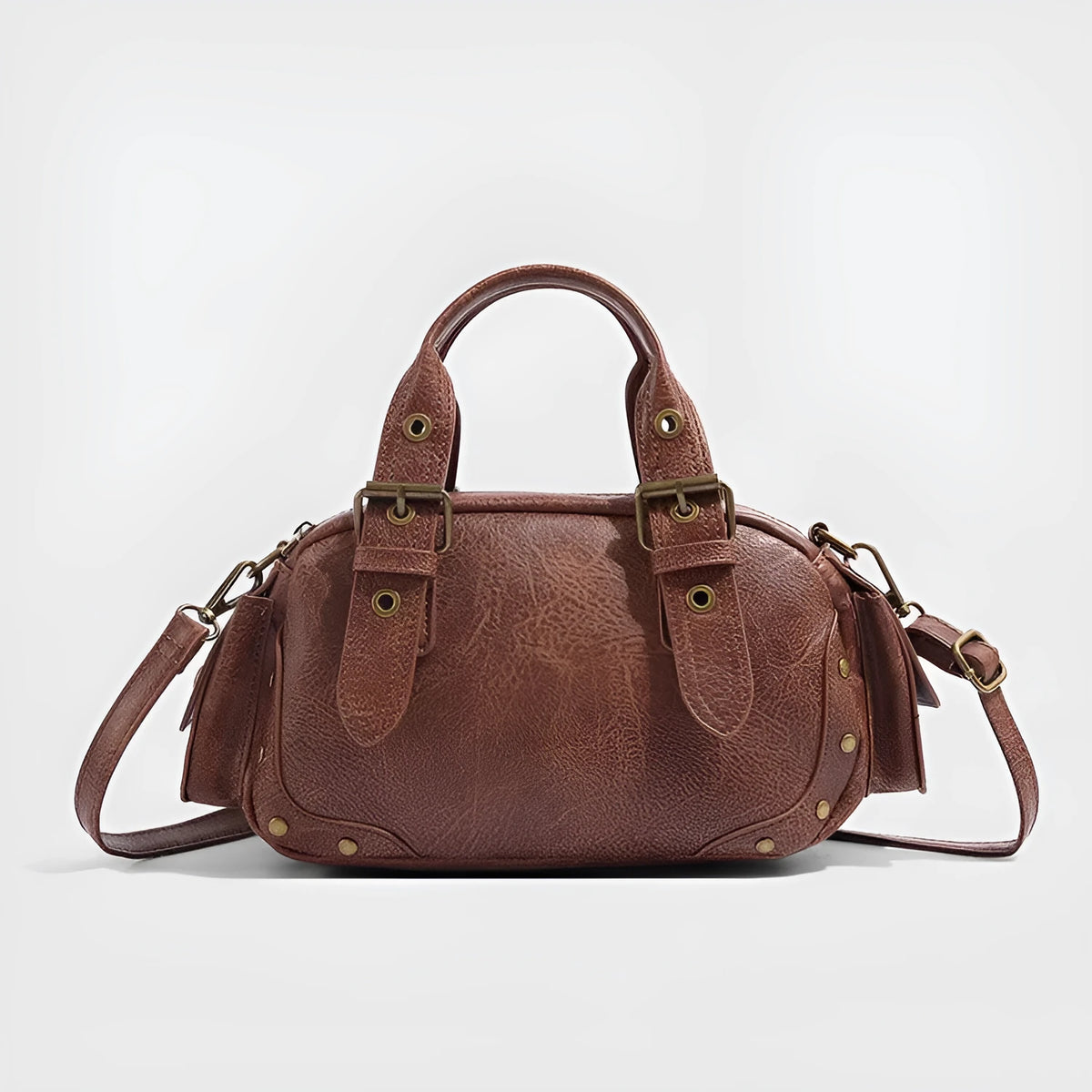 Brown artificial leather motorcycle bag with single shoulder crossbody strap and horizontal square retro shape