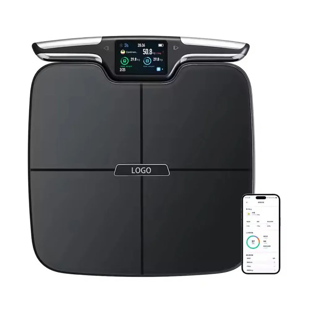 Black eight-electrode body fat bathroom scale with digital display showing weight and body composition metrics