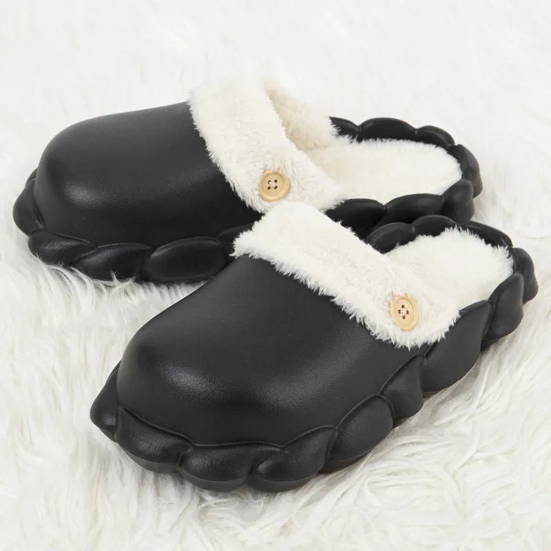 Waterproof EVA winter slippers with plush lining, non-slip sole, in pink, yellow, green, grey, black, sizes 36-45.