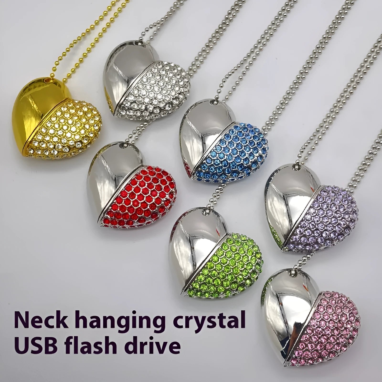 Blue heart-shaped USB flash drive with a textured brick-inlaid pattern on its metal shell.