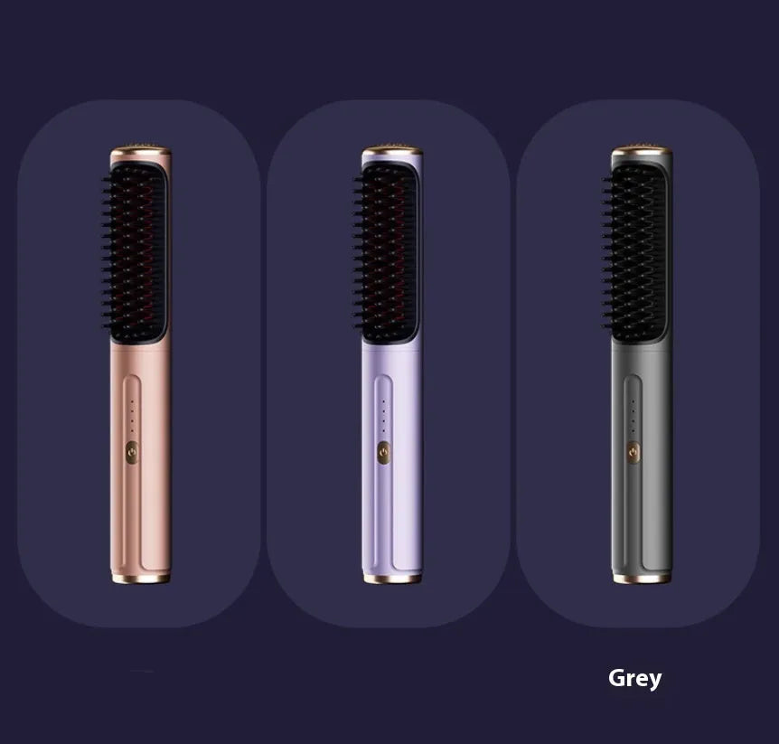 Wireless straightening and curling comb in rose gold colour with multiple international power plug adaptors.