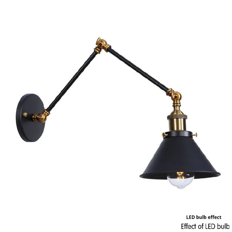 Rocker arm wall lamp with folding retractable arm, iron shade, available in black, gold, or half rust, 220V