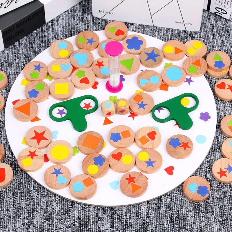 Wooden board game shape matching set for children 4-6 in colour box packaging with board and pieces
