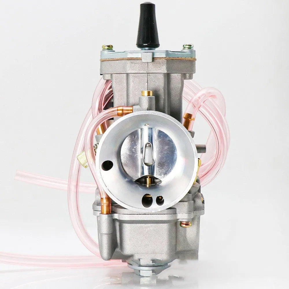 Sandblasted aluminium PWK motorcycle carburetor showing seven available bore sizes from 21mm to 34mm.