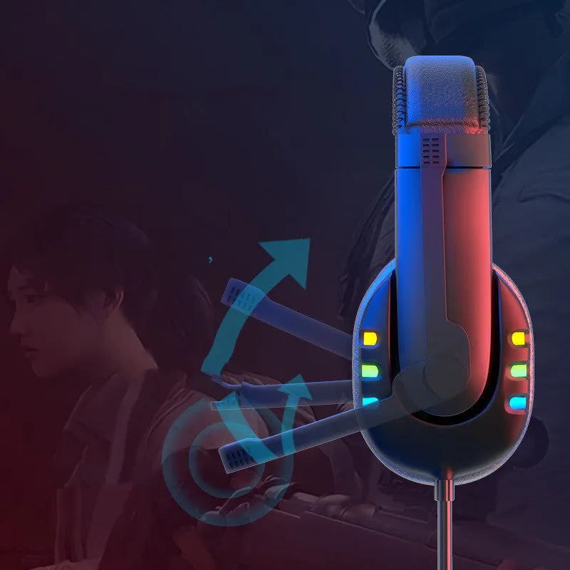 Black Colourful gaming headset with LED breathing light, sponge ear cushions, nylon cable, and omnidirectional microphone on a desk