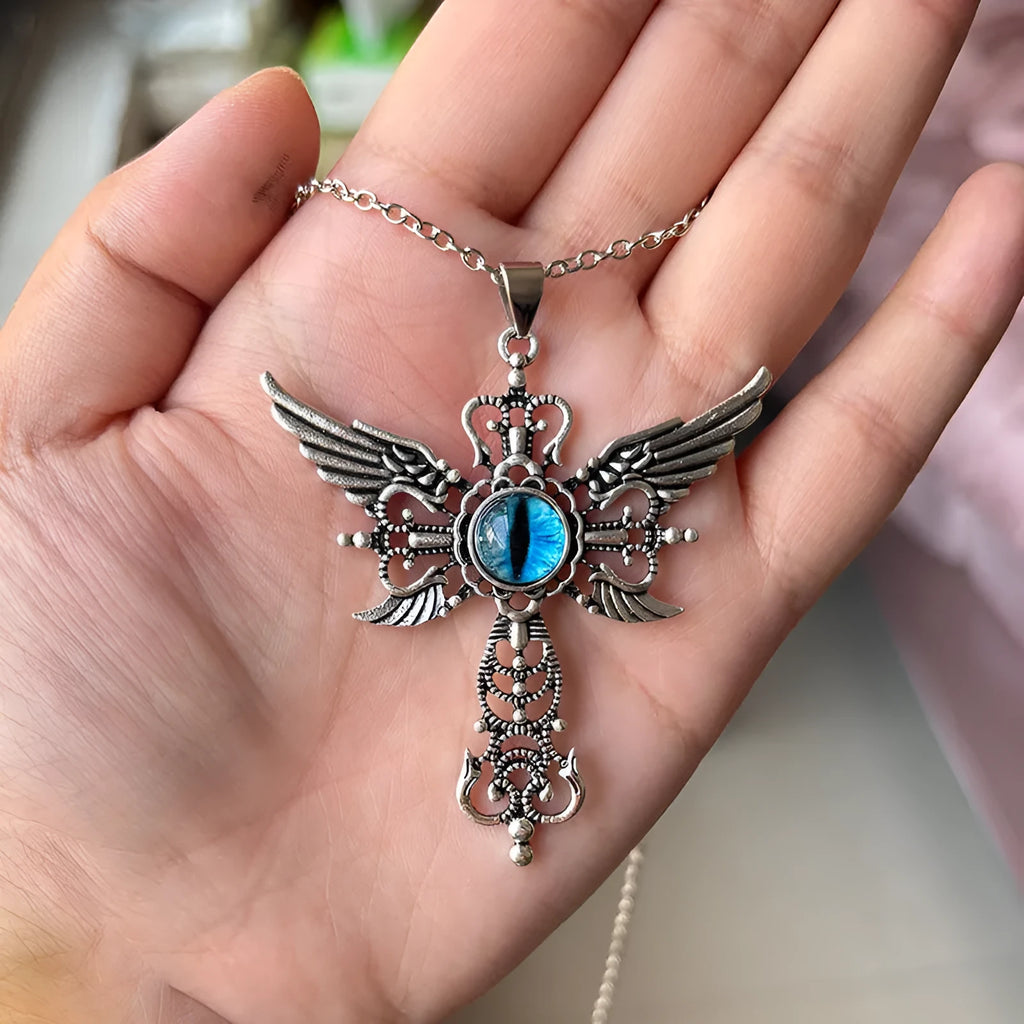 Geometric devil wings and cross alloy pendant necklace on a chain, shown in blue, green, purple, red, and yellow colour variants.