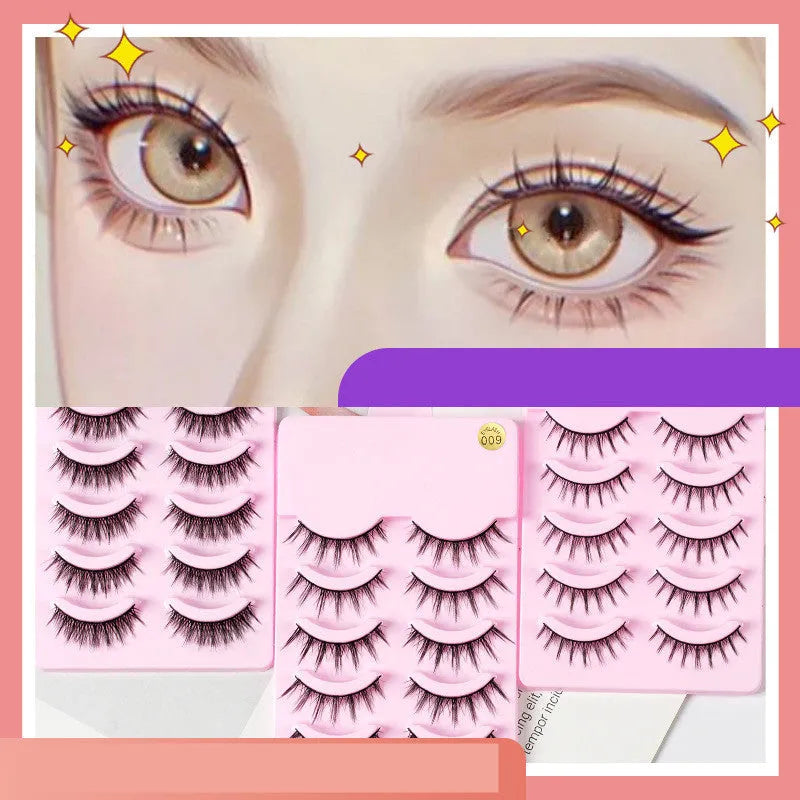 Manga cosplay false eyelashes in natural wispy styles 007, 008, and 009 with black plastic terriers