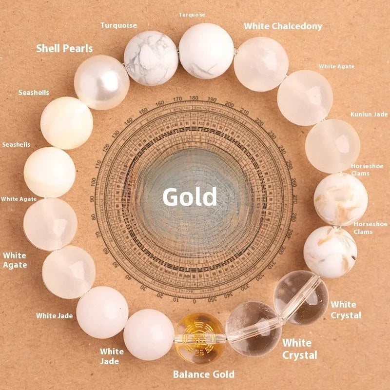 Natural agate balance energy bracelet with traditional symbols in wood gold water fire earth colours
