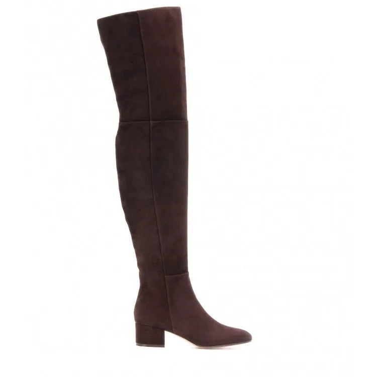 Grey suede women's over-the-knee flat boots with a pointed toe and low thick heel on a neutral background.