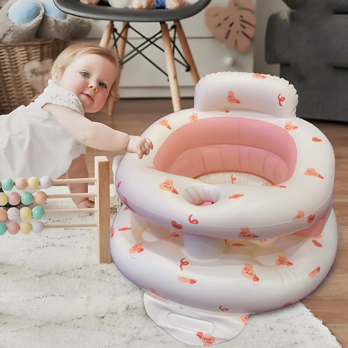 Inflatable baby dining chair and infant sofa in PVC, shown in Bear Base, Dinosaur Planet, or Love Rabbit design option