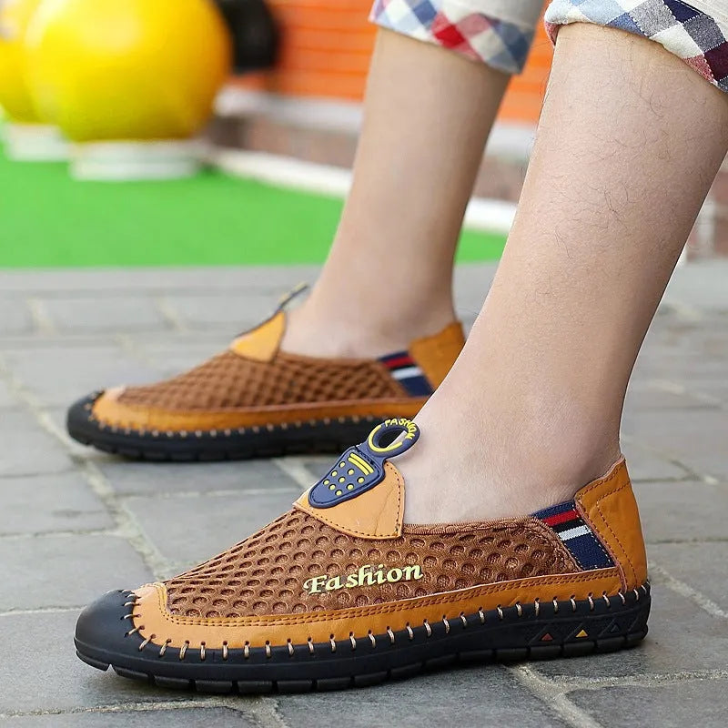Men's brown breathable mesh casual shoes with a round toe and rubber sole.