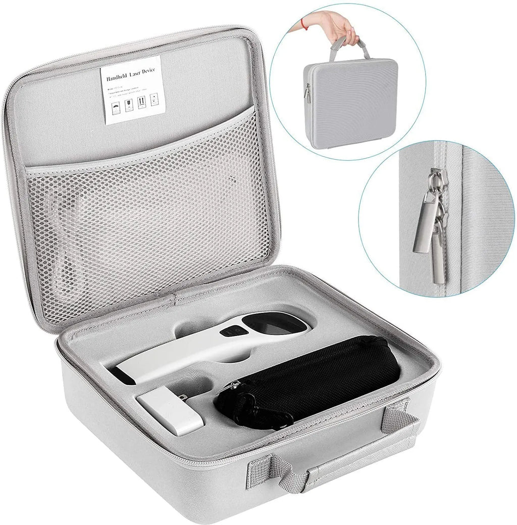 Hand-held red light therapy device in black and white with LED panel, carrying case, and safety glasses