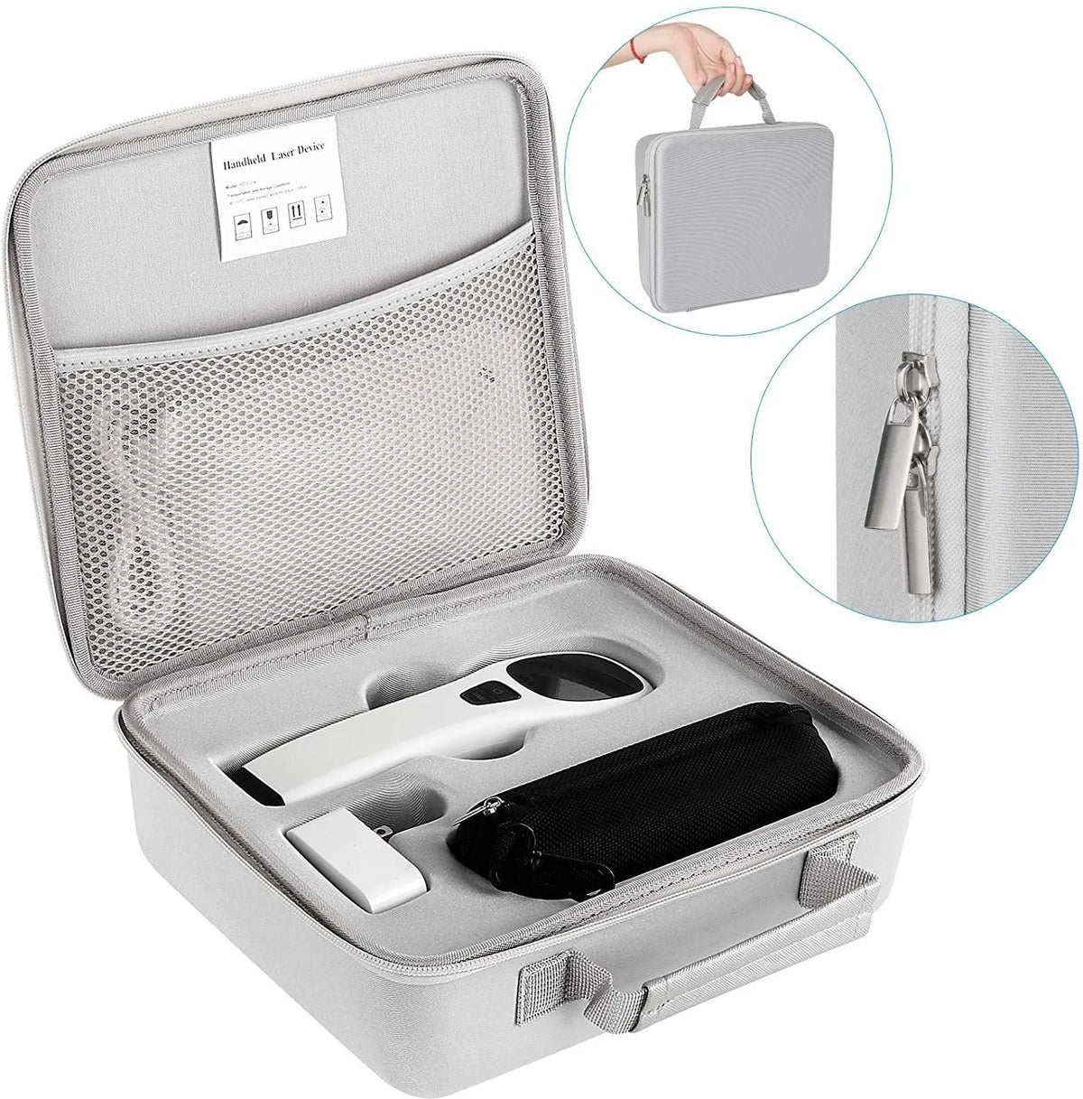 Hand-held red light therapy device in black and white with LED panel, carrying case, and safety glasses