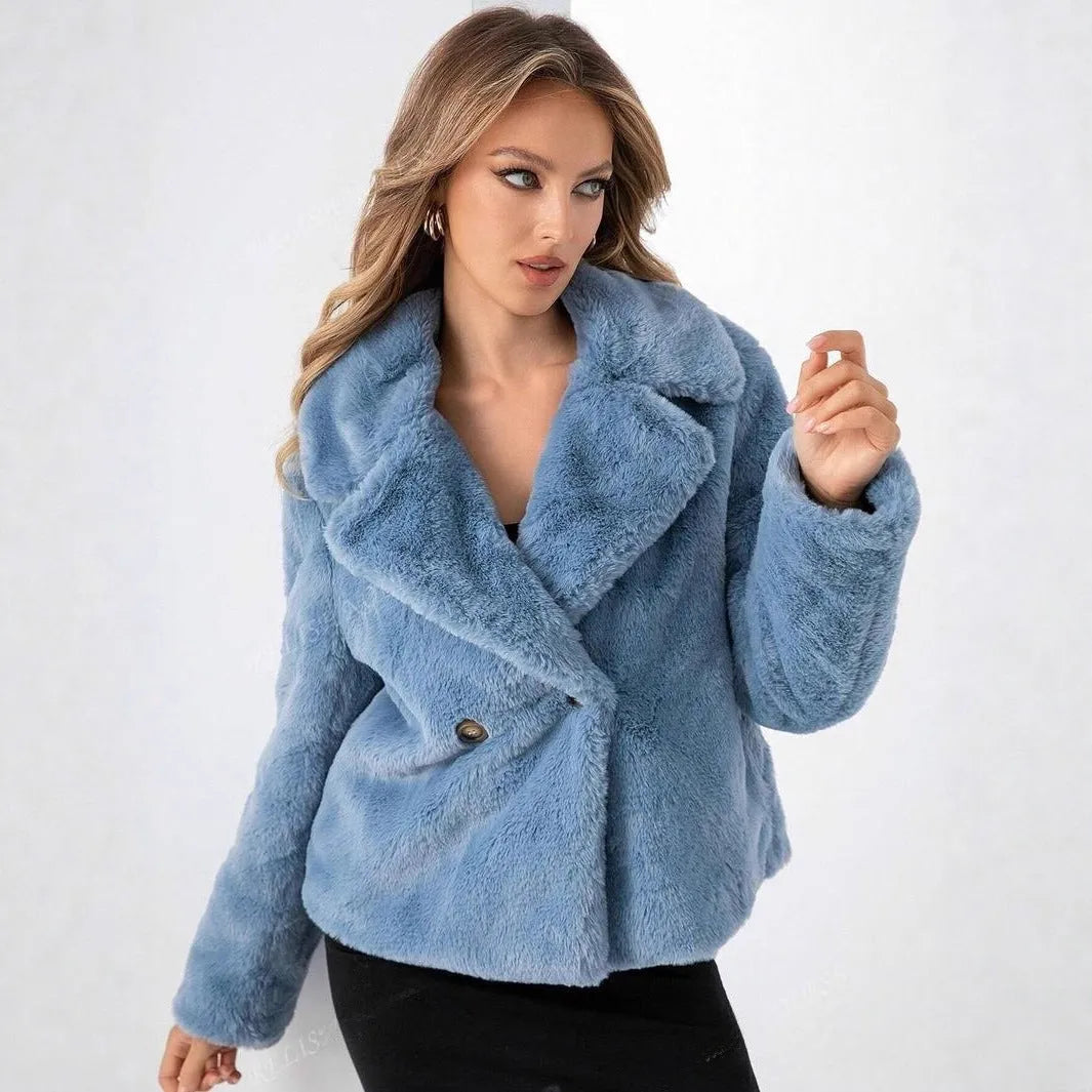 Women's loose short coat in soft faux fur, shown in rose red, with regular sleeves and a fresh sweet style.