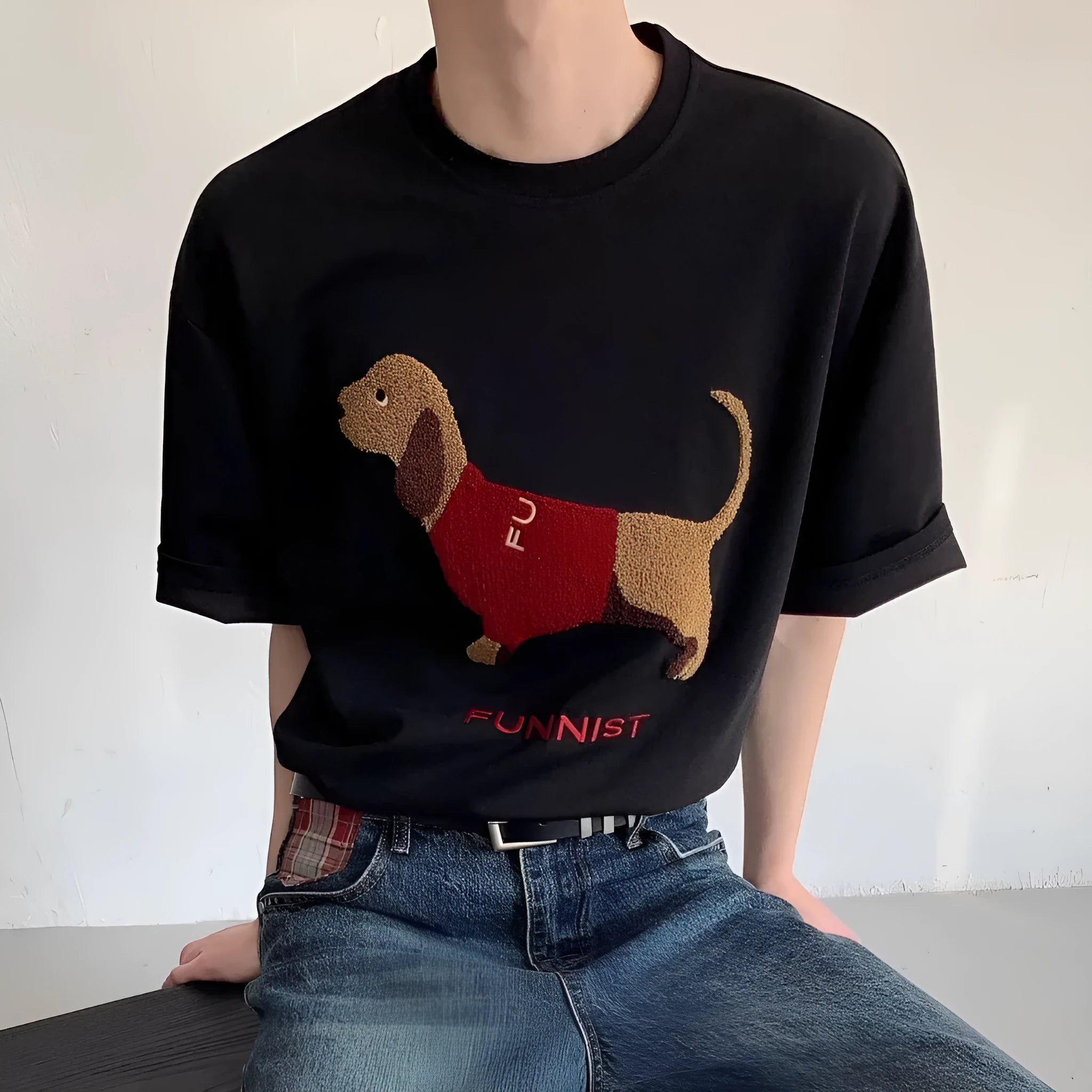 Men's grey cotton t-shirt with embroidered sausage dog design on chest, short sleeves, round neck