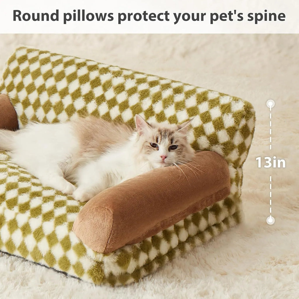 Grey checkered pet sofa bed for cats and small dogs with a washable cover on a wooden floor.