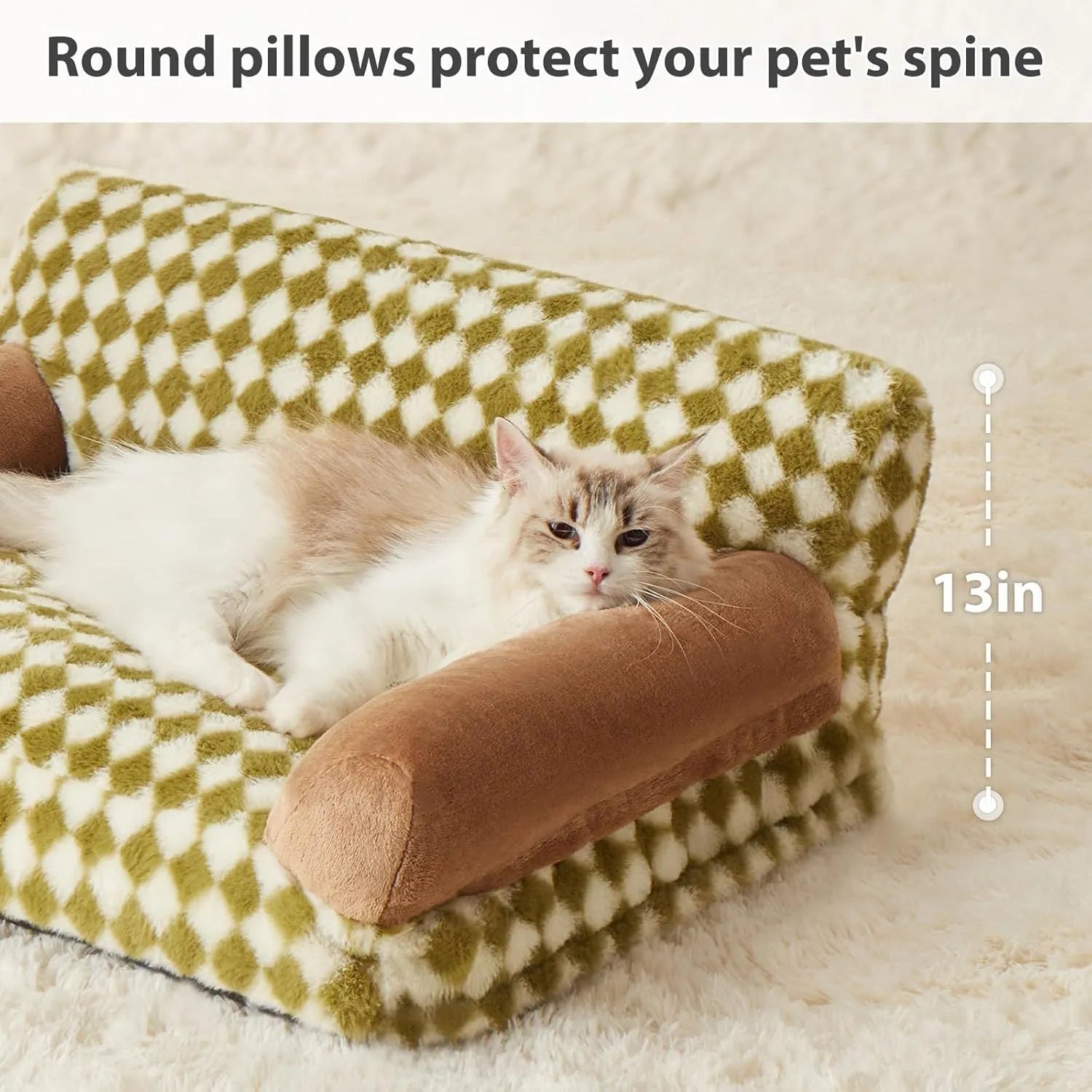 Grey checkered pet sofa bed for cats and small dogs with a washable cover on a wooden floor.