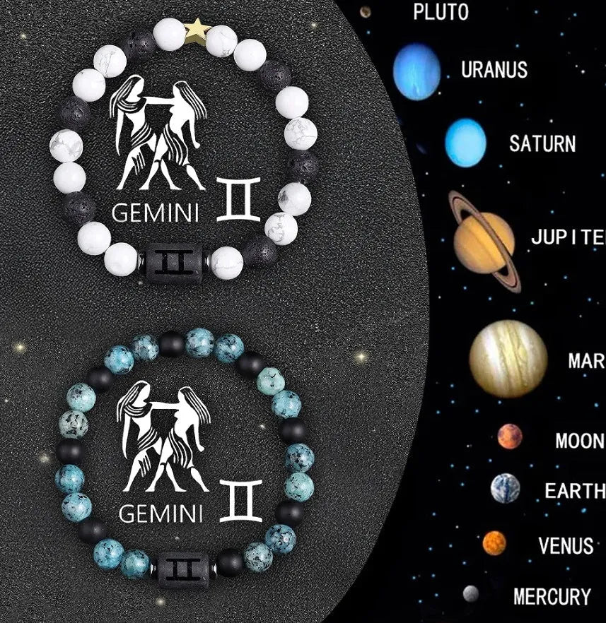 Set of twelve natural stone beaded bracelets for zodiac signs on elasticated string.