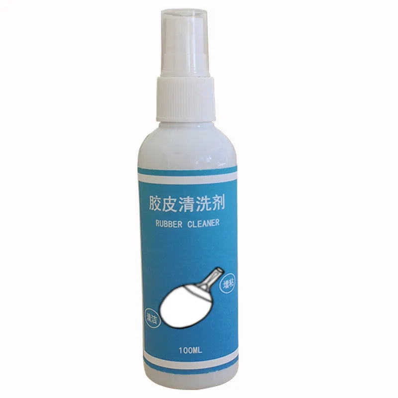 Table tennis racket cleaner kit with sponge mop and 100ml rubber cleaning agent on a court