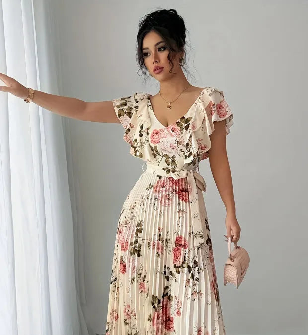 Apricot floral print V-neck dress with ruffle sleeves and a long swing skirt.