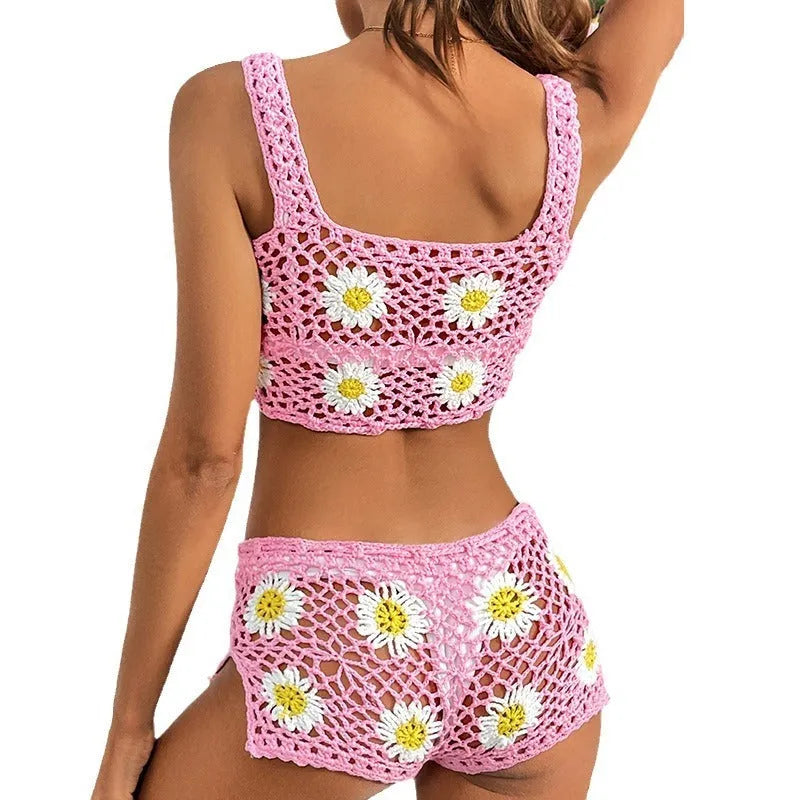 Floral pattern swimsuit bikini set in light green and pink colours with hollow yarn construction